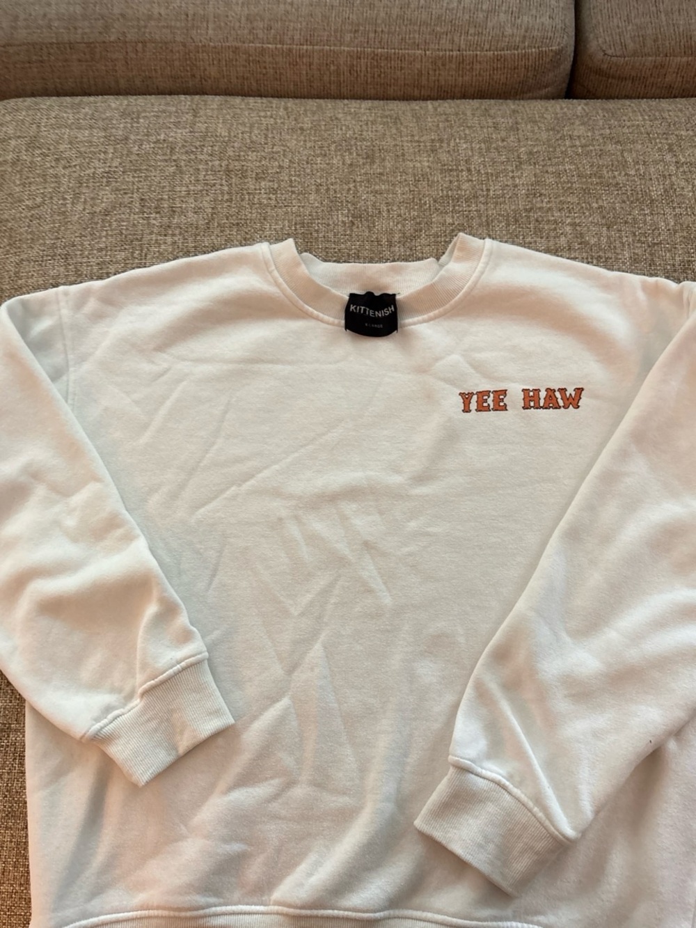 KITTENISH White Crewneck with Orange 'YEE HAW' Embroidery